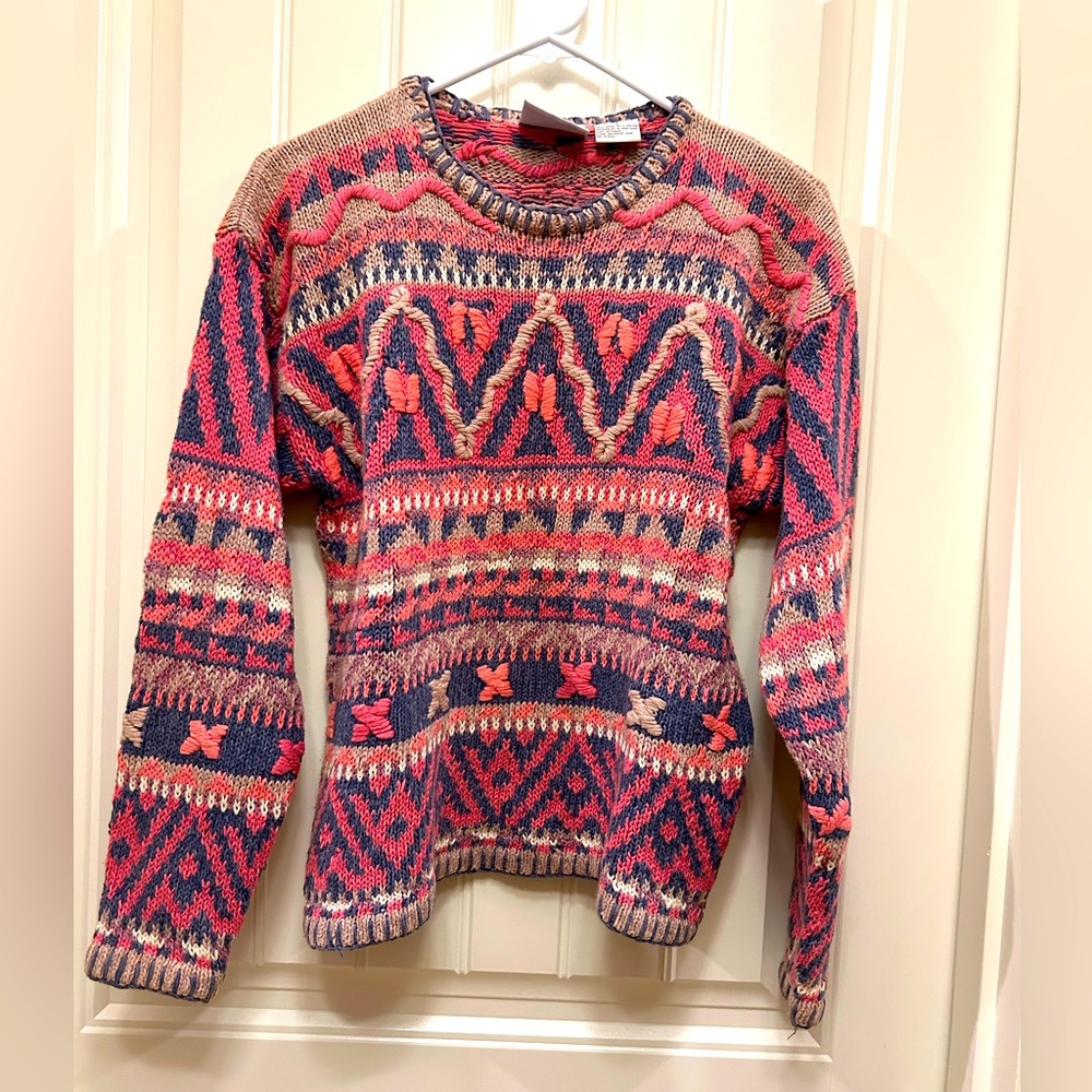 Sigrid Olsen pink, blue, white and taupe cotton/ramie knit sweater, S